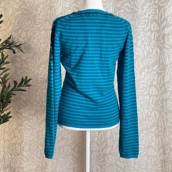 NWOT ONG Blue Striped Cashmere Beaded Cardigan Sleaze Academia Retro Size M - Picture 5 of 8